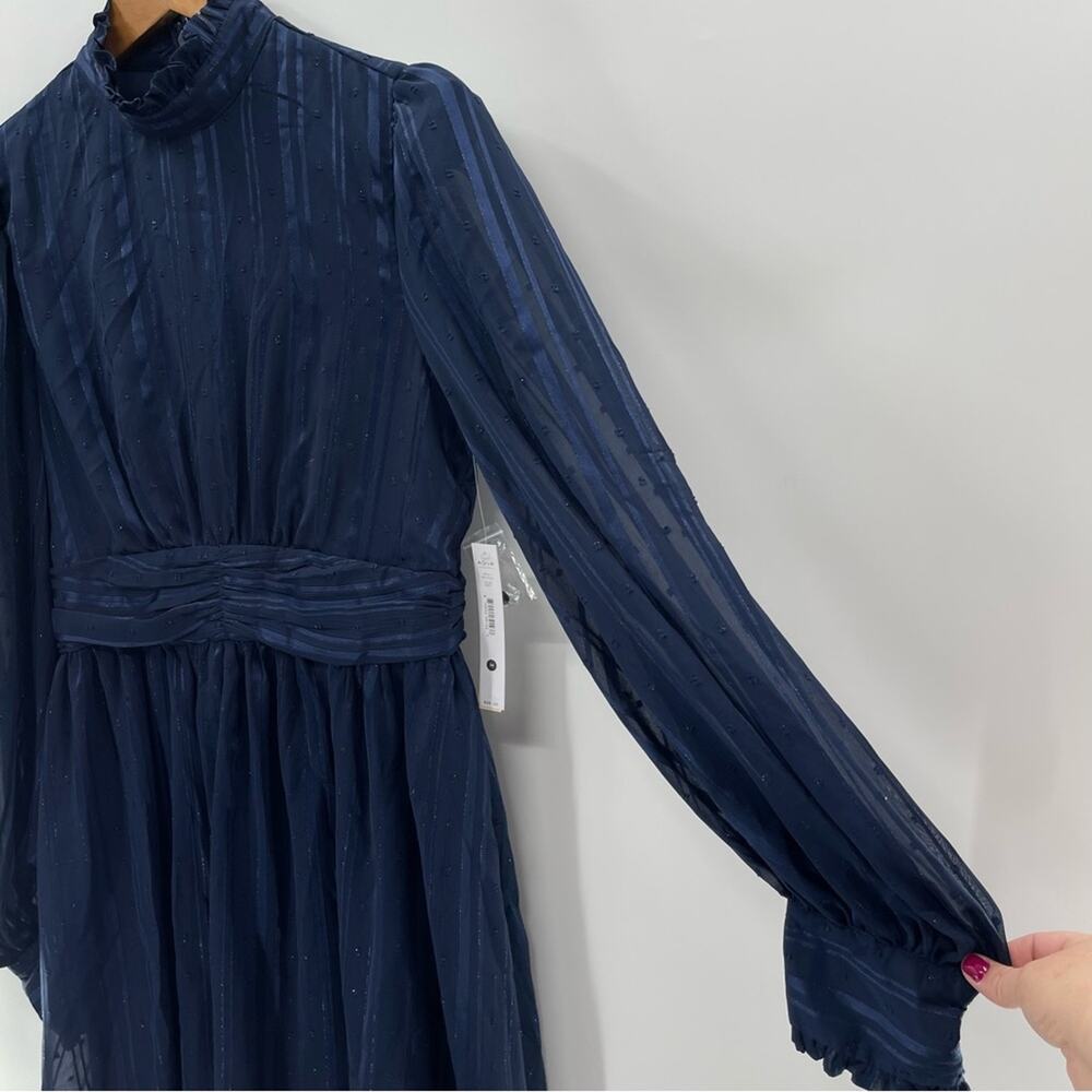 NWT AQUA Mock Neck Semi Sheer Navy Blue Mini Dress Medium Elegant Retro Whimsy - Picture 5 of 16